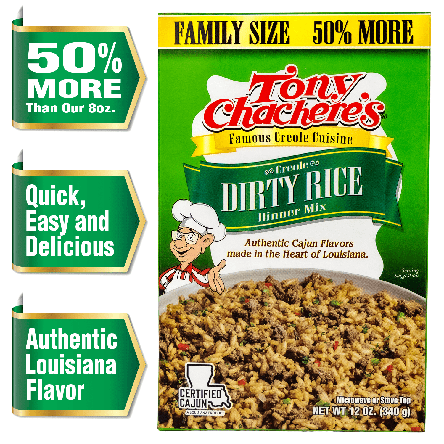 Tony Chachere’s Cajun Family Size Dirty Rice Dinner Mix, 12 oz, No MSG, Tree Nut-Free