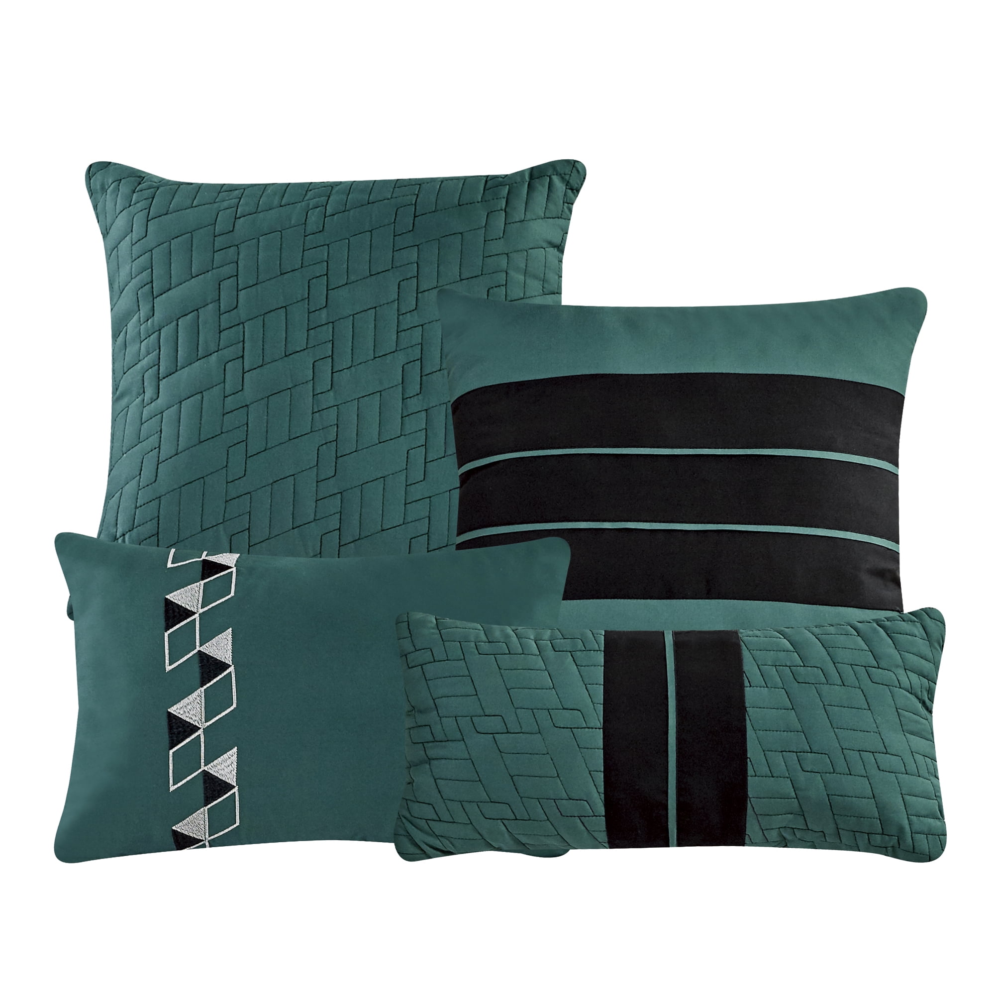 7-Pieces Matisoon Black and Green Comforter Set, Embroidery Geometric Bedding Set - Queen Size
