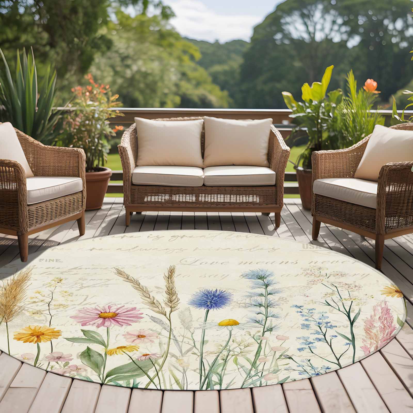 Spring Floral Round Rugs 5ft, Summer Farmhouse Vintage Botanical Non Slip Washable Rug Runner, Low Pile Indoor Floor Carpet Mat Bathroom Rugs for Living Room, Bedroom, Kids Room