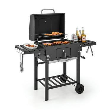 Demifill Outdoor BBQ Charcoal Grill with 2 Foldable Side Table and Wheels, Black