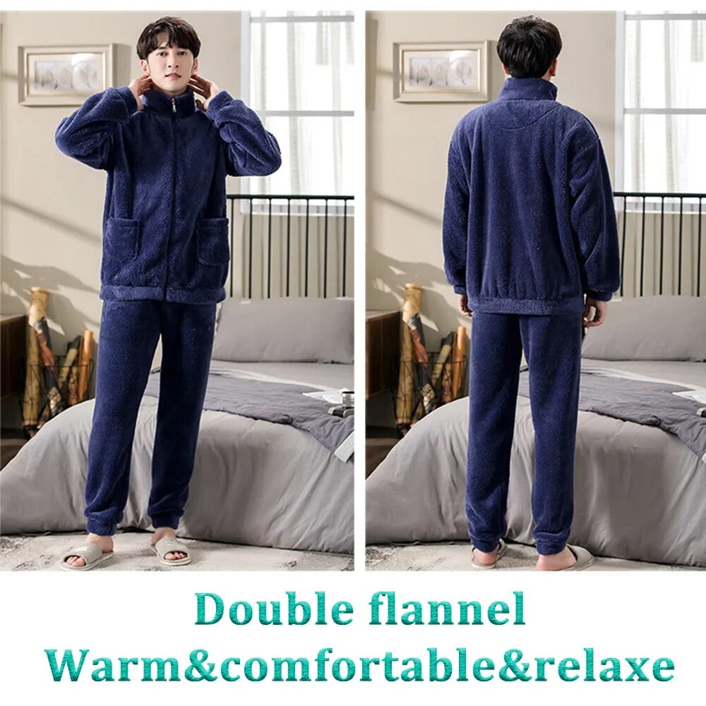 Casual Solid Pajama Sets Men Winter Thick Flannel Warm Pajamas for Men Simple Lapel Zipper Men s Sets Trendyol Sleepwear Solid c Walmart