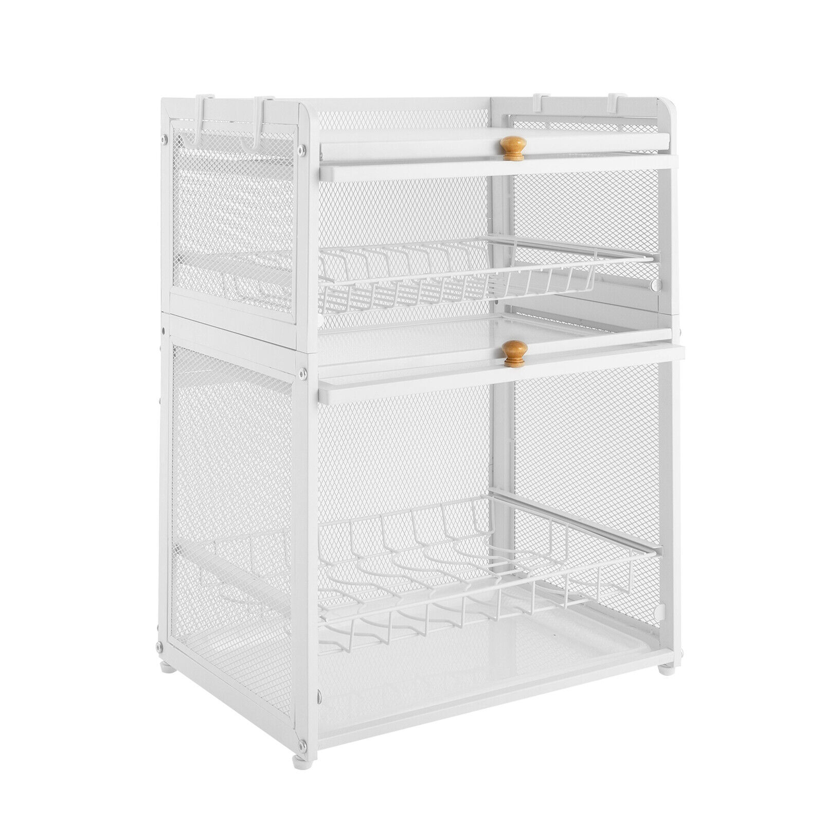 3-Tier Dish Drying Rack with Pull-Out Drain Tray – Durable Carbon Steel Kitchen Organizer with Flip Door and Hooks for Plates, Bowls, and Utensils