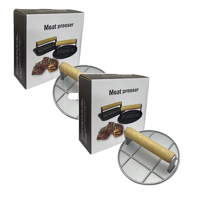 Oleegame 2 Pcs Rouleau de Papier d'Aluminium Humburger 6.3 Po Rond avec Poignée en Bois Résistant à la Chaleur Grill en Métal pour Barbecue Humburger Viande de Sable Steak Accessoire pour Dessus Plat Gr Argent