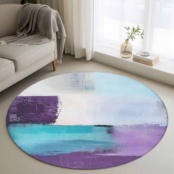 Round Rugs 3Ft, Purple Turquoise Round Area Rug Washable Indoor Throw Carpet, Modern Geometric Oil Painting Abstract Small Non Slip Circle Rug for Bedroom Living Room Home Decor Aesthetic