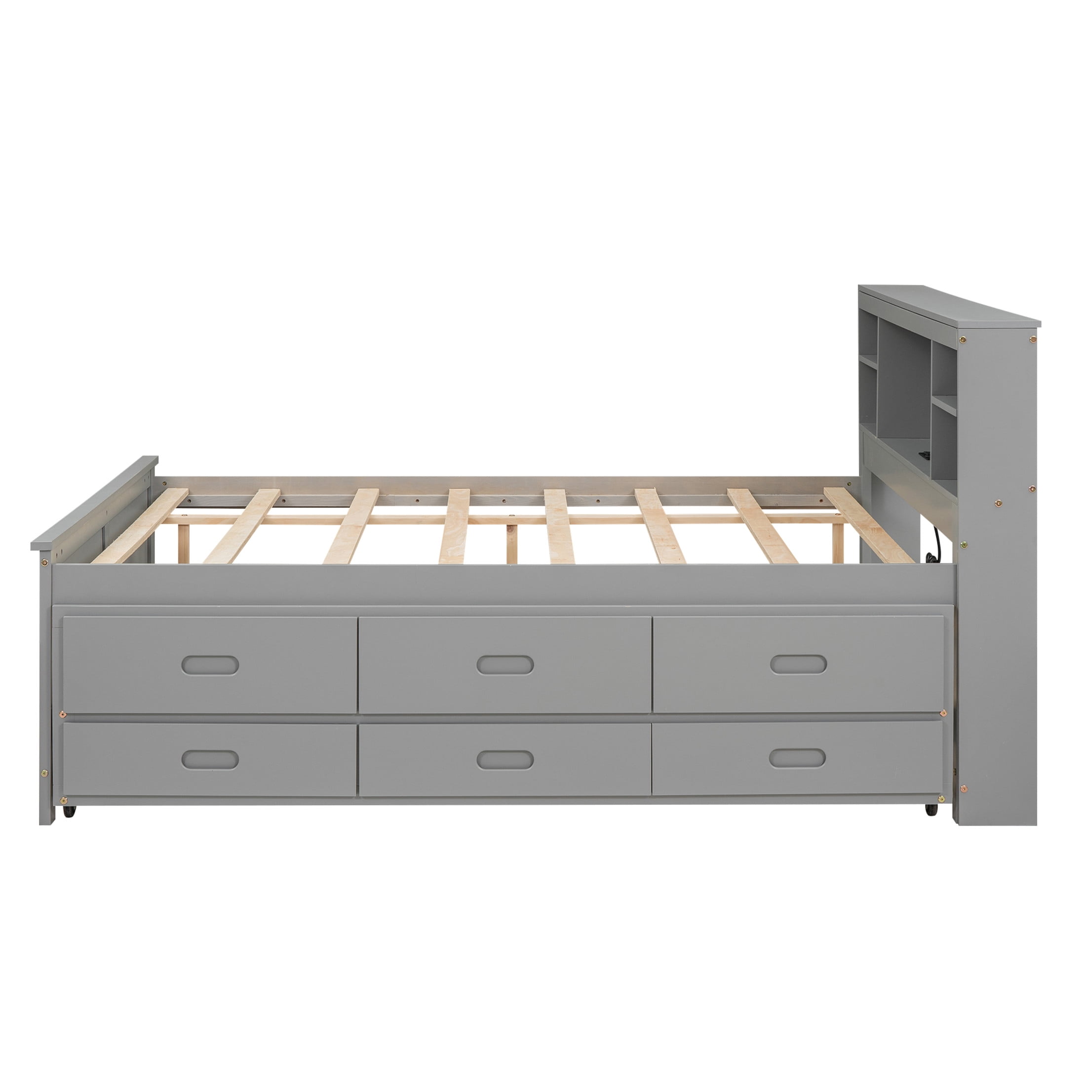Noble House Nerissa Full Platform Bed with Bookcase Headboard, USB Ports, Extra Trundle and Storage Drawers, Gray