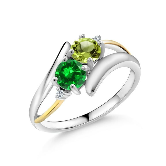 Gem Stone King 1.41 Ct Green Peridot Green Created Emerald 925 Silver and 10K Yellow Gold Ring (Size 8)