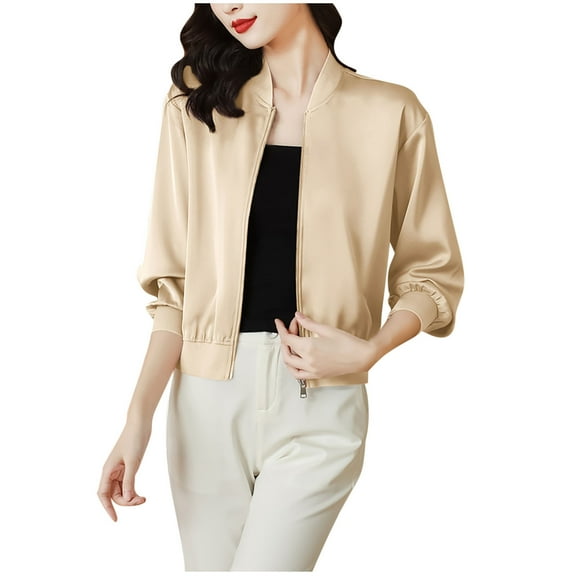 Stand Collar Jacket for Women Long Sleeve Casual Trendy Fall 2025 Crop Outerwear Coats with Pockets Beige M