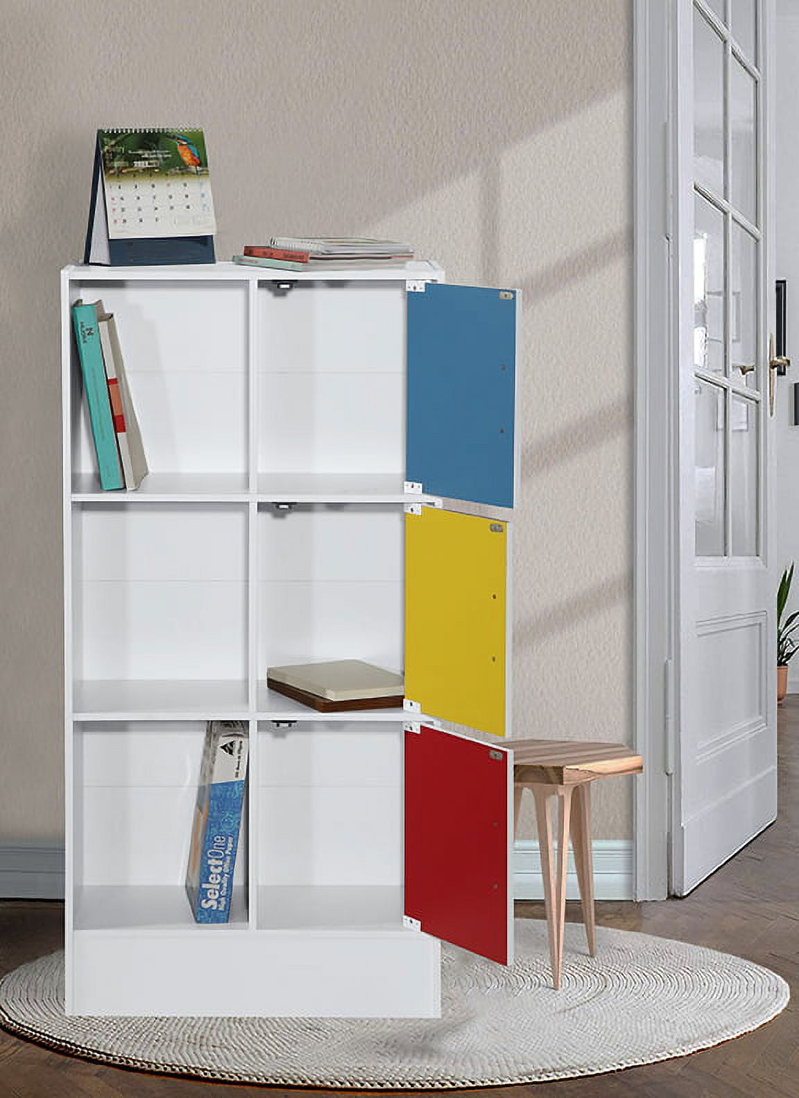 Hodedah Multipurpose Bookcase with 3-Doors 6-Shelves in Beech