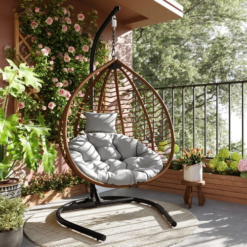 Hanging Hammock Chair with Stand, Foldable Rattan Egg Swing Chair for Porch Garden Balcony, Indoor Outdoor Patio Hanging Chair with Cushion, Brown Gray