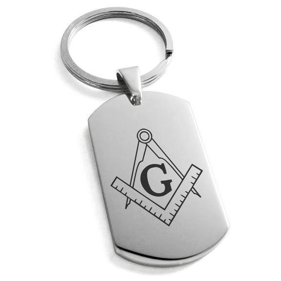Tioneer Stainless Steel Freemasons Masonic Compass Engraved Rectangular Dog Tag Keychain Keyring For Unisex 30mm.