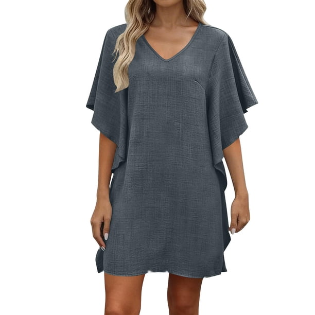 Mujeres manga corta vestidos de verano cuello en V sólido Batwing manga suelta cambio longitud de rodilla casual cómodo vestido corto de manga larga para mujeres