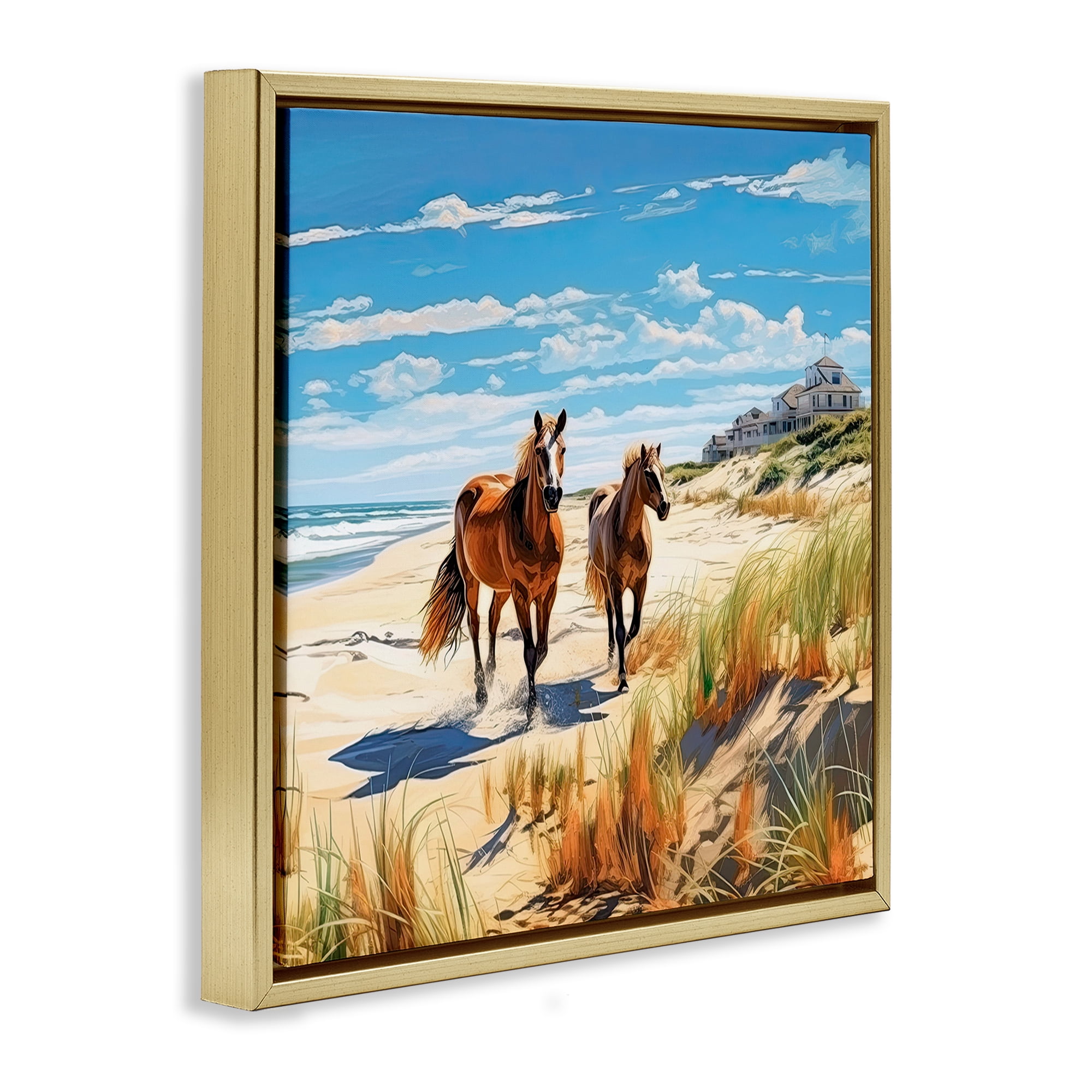 Stupell Industries Galloping Beach Horses Coastal Painting Gold Floater Framed Canvas Art Print Wall Art, 18 x 18