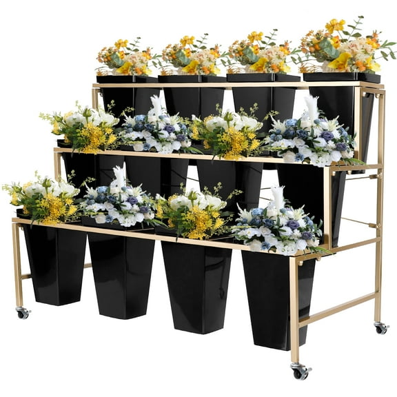 Flower Display Stand with 12 Buckets, 3 Layers Flower Cart Gold Metal Flower Bar Stand with Wheels, Moving Florist Bouquet Shelf for Weddings Florist Indoor Outdoor Patio Garden Living Room