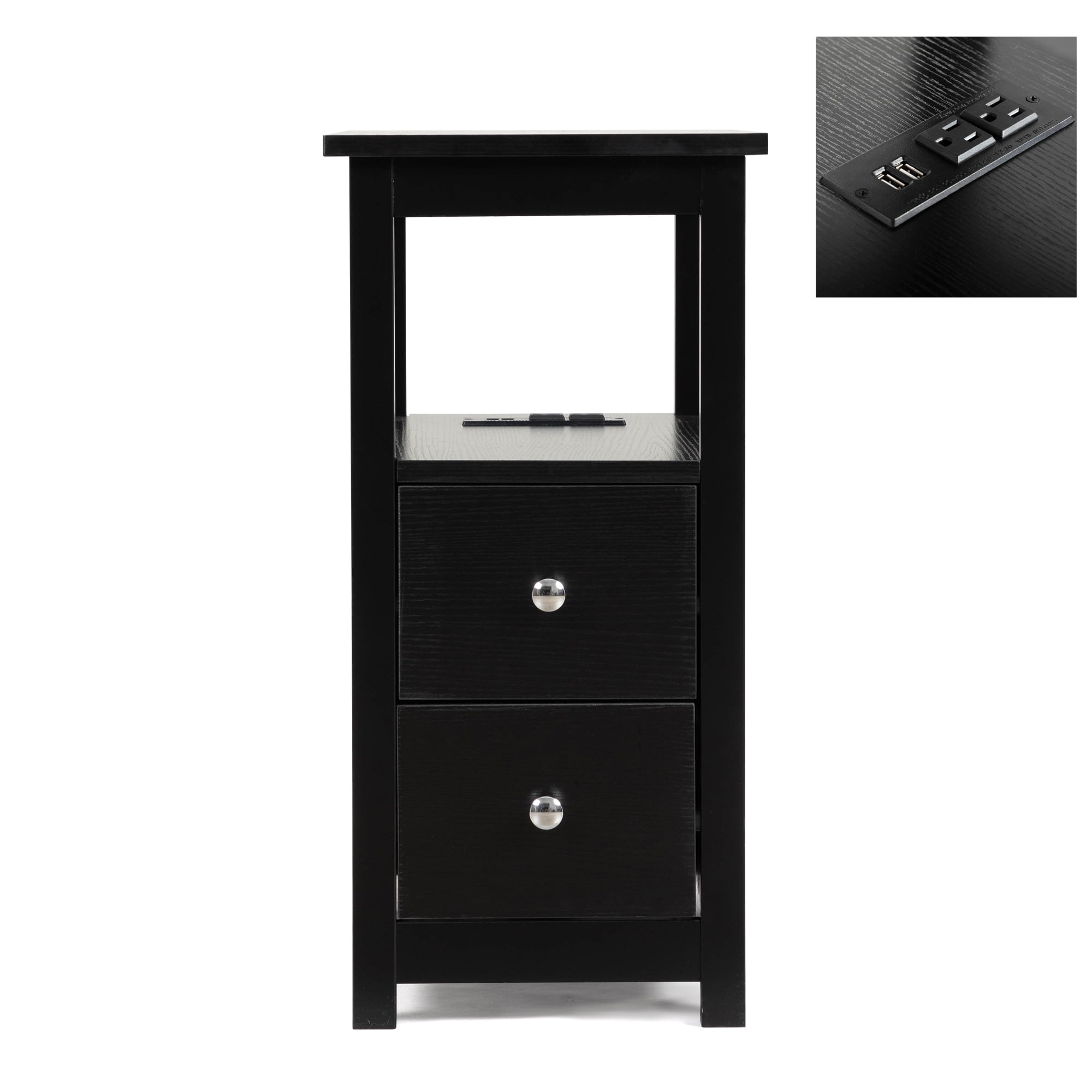 End Table with Drawers and Charging Station, Narrow Wooden Side Tables