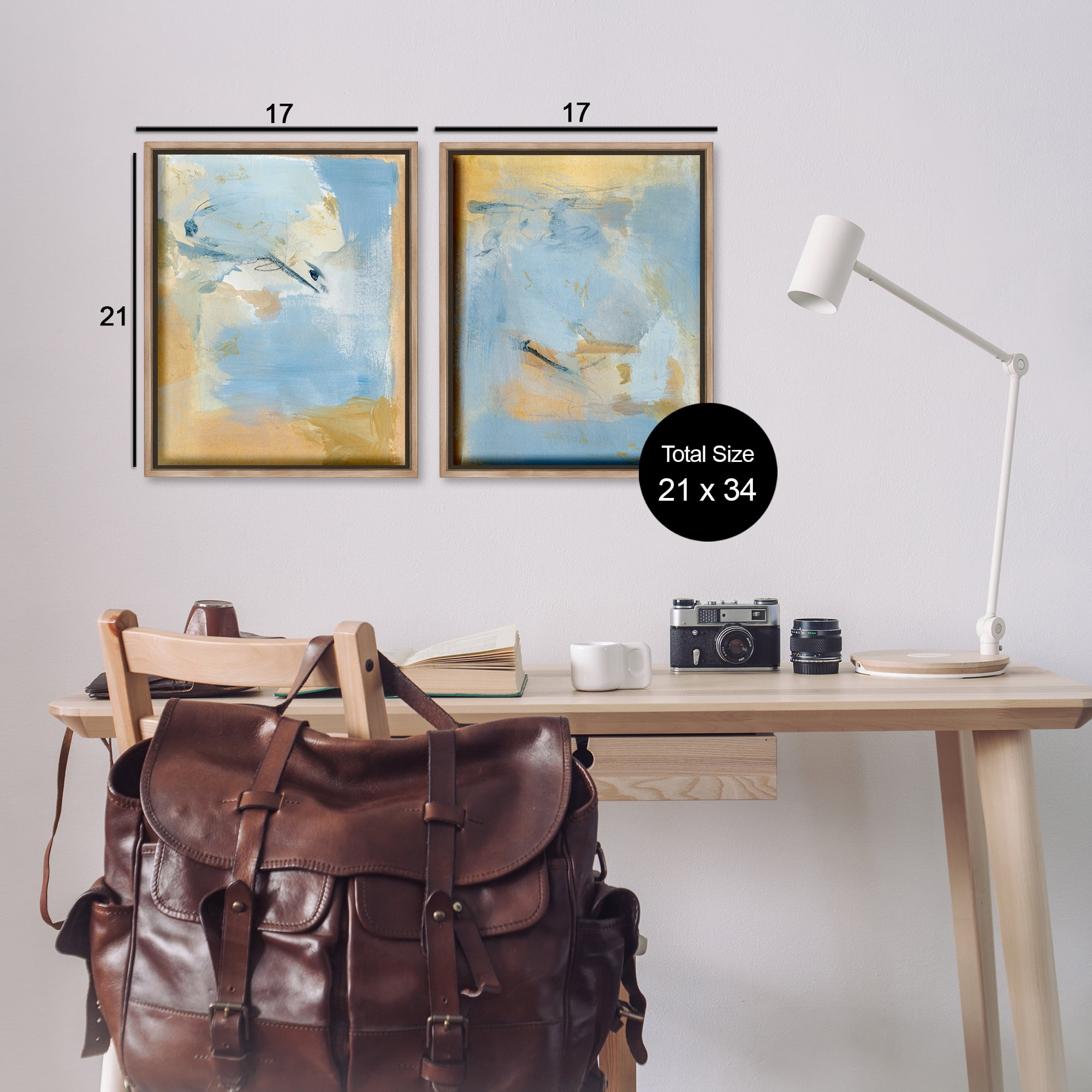 Stupell Industries Light Blue Pastel Gold Abstract Painting Brown Floater Framed Canvas Art Print Wall Art, 17 x 21, Set of 2