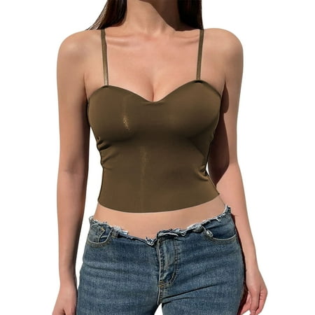 HYSYSB Tops for Women balconette Bras for Women tank Top for Women sleeveless Tops basic Smooth Up Bustier Club Crop Top Bra Black Bustier Spaghetti Strap cotton Tank Top Women Coffee One Size