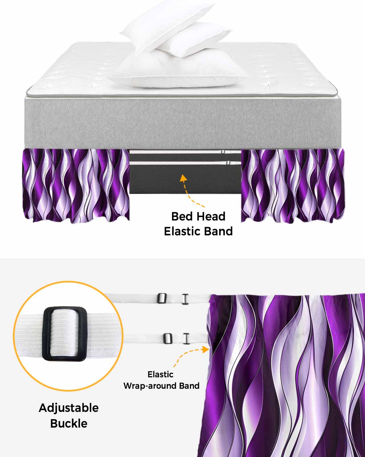 Purple Striped Ombre Wrap Around Bed Skirts for Queen Bed 18" Drop,Bed Skirt with Adjustable Elastic Belt Dust Ruffle Bed Valance for Bedroom Hotel Modern Purple Moire Geometric Bed Frame Cover