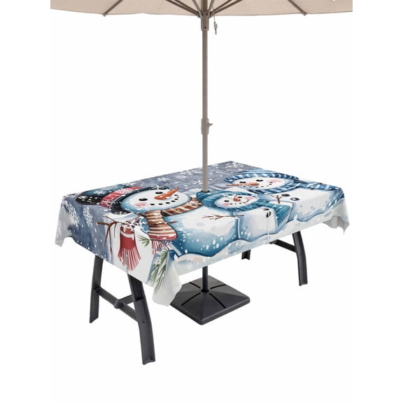 Outdoor Tablecloth with Umbrella Hole and Zipper, Christmas Snowman Rectangle Table Cloth 60x102 Inch Waterproof Tablecloth, Xmas Snowflake Tree Picnic Table Cover for Patio Camping