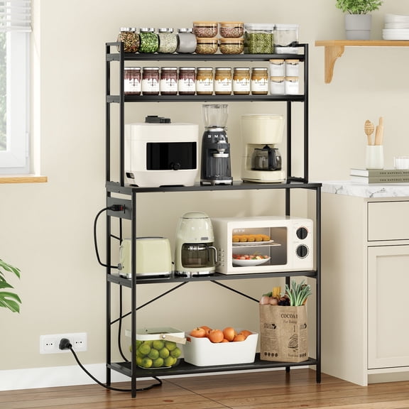 Someet 39" Wide Baker's Rack with Power Outlet, Kitchen Microwave Stand, 5-Tier Coffee Bar Table, Space-Saving Kitchen Storage Shelf, Black