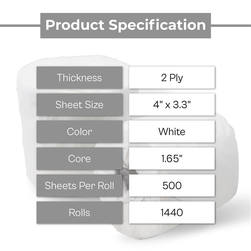 SSBM 500 Sheets/Roll 4" x 3.3" Bath Tissue White 2 Ply Soft Toilet Paper 1140 Rolls/Case for Home & Commercial Use