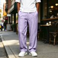 thumbnail image 4 of Dweltoz Men Linen Cargo Pants Baggy Elastic Waist Trousers Lightweight Breathable Wide Straight Leg Workwear with Pockets,Purple 2XL, 4 of 6