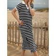 thumbnail image 4 of SANOPY Women's Summer Striped Short Sleeve Dress V Neck Collared Side Slit Casual Beach Maxi Dresses, 4 of 7