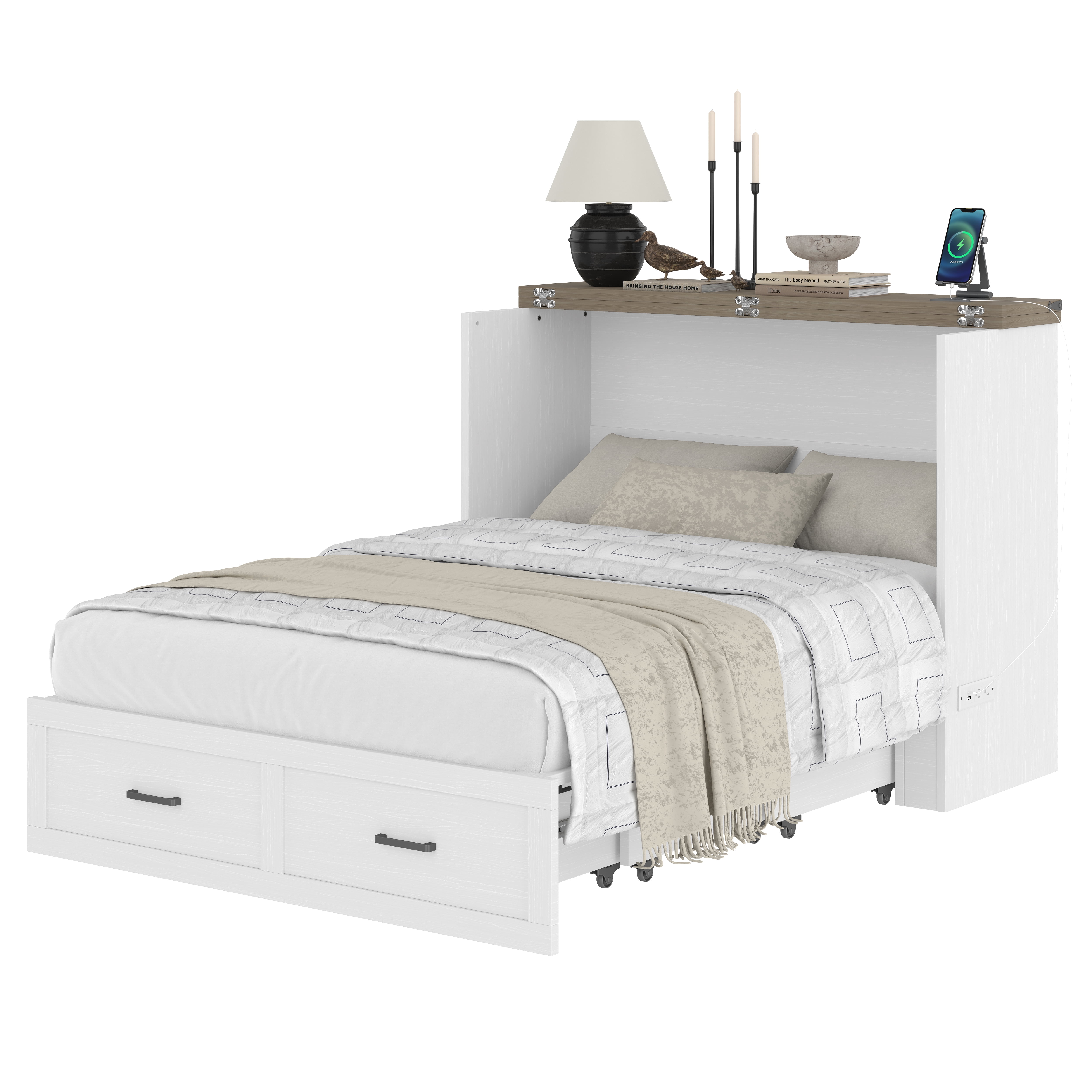 Yoneston Full Size Murphy Cabinet Bed with Storage Drawers & Charging Station, Foldable Platform Bed for Guest Room Bedroom Living Room, White