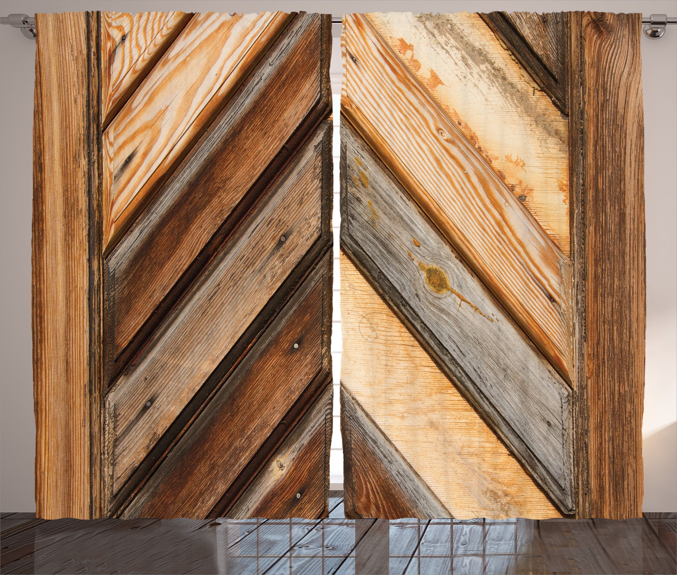 Rustic Home Decor Curtains 2 Panels Set Wooden Fence Figure