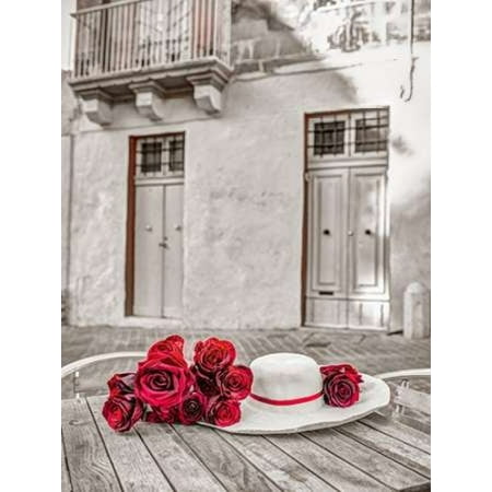 Maltese Rose - Female hat with bunch of roses on cafe table Malta Poster Print by Assaf Frank