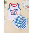 thumbnail image 2 of 4th of July Infant Clothes Suits Toddler Boy White Sleeveless Letter Print Vest + Checkerboard Drawstring Shorts 2Pcs Sets, 2 of 9