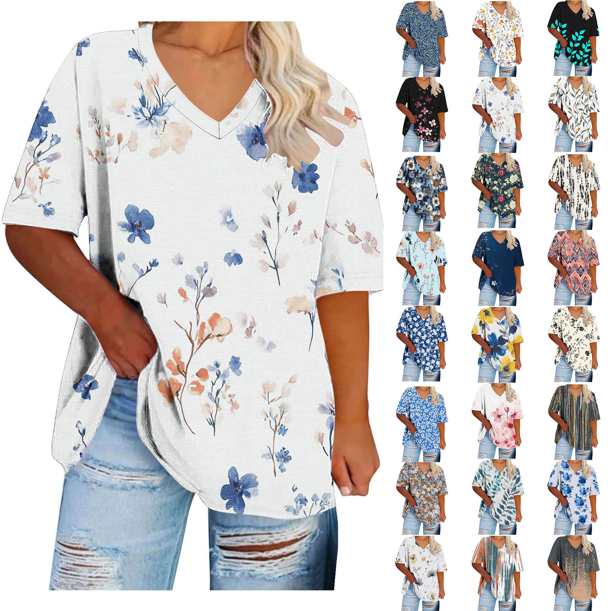 Women Tops Trendy Sawvnm Women's Plus-Size V-Neck Short Sleeved Printing Base Shirt 2XL