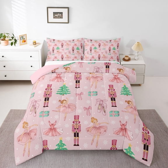 jejeloiu Ballet Girl Queen Comforter Set,Christmas Tree Gifts Bedding Sets,Pink Xmas Soldier Bedding Comforter Set For Princess,Ultra Soft Home Decor Reversible,3-Piece