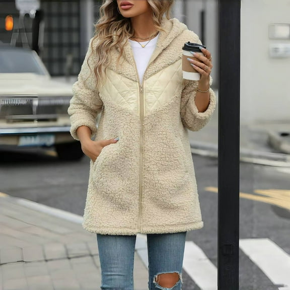 Feancey Long Fleece Winter Coats for Women Hooded Casual Zip Up Jackets Comfy Loose Warm Coat Lightweight Soft Plush Jacket with Pockets Beige XXL