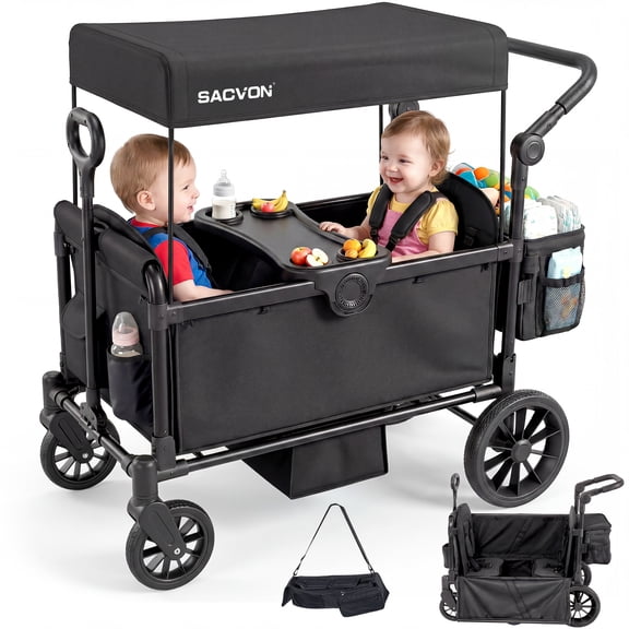 SACVON 2-Seater Stroller Wagon with Side Entry, Canopy & Snack Tray, Includes Removable Storage Bag That Converts to a Backpack-Black