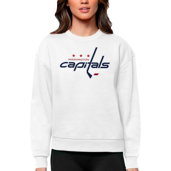 Women's Antigua White Washington Capitals Primary Logo Team Logo Victory Crewneck Pullover Sweatshirt
