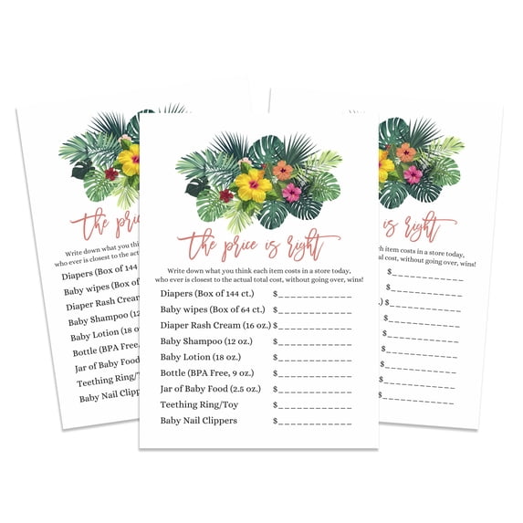 Inkdotpot The Price Is Right Baby Shower Game -Girl Baby Shower Fun Party Game Collection, Activities, Decorations,Tropical Leave & Flamingo Theme Party Supplies - Pack Of 50