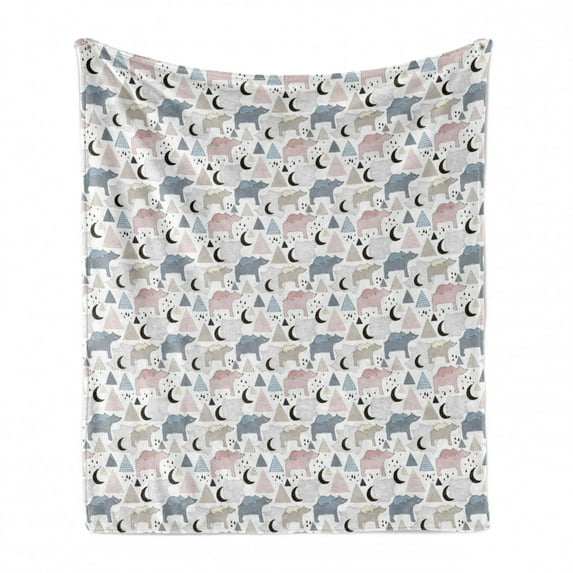 Nature Soft Flannel Fleece Throw Blanket, Polar Bear Mom and Baby Creative Kids with Pyramids Moon Dots Playful Children, Cozy Plush for Indoor and Outdoor Use, 50" x 60", Multicolor, by Ambesonne