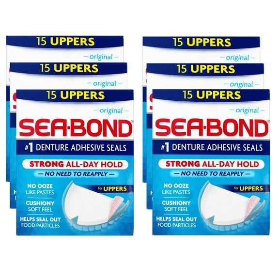 6 Pack - Sea Bond Secure Denture Adhesive Seals, Original Uppers, Zinc-Free, All-Day-Hold, Mess-Free, 15 Count