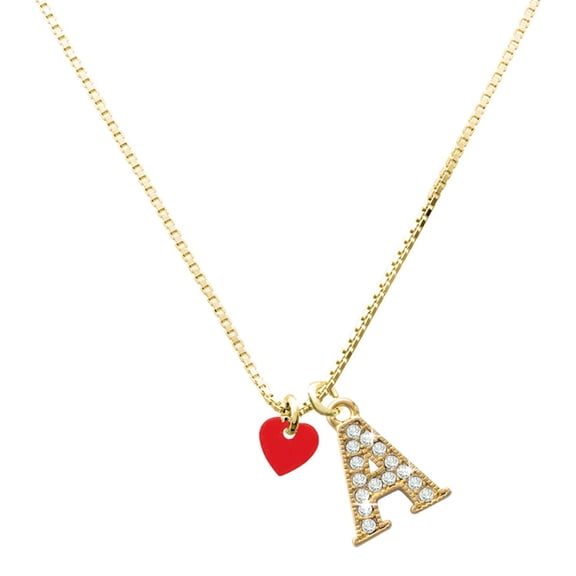 Delight Jewelry Acrylic Mini Red Heart - Large Goldtone Crystal Initial - A - Charm Necklace, 17.5" 2"