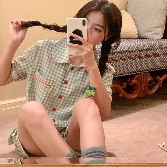 Pijama de manga corta tipo cárdigan de algodón de imitación de alta calidad con diseño de Hello Kitty japonés para mujer, traje de verano para el hogar de gran calidad para mujer