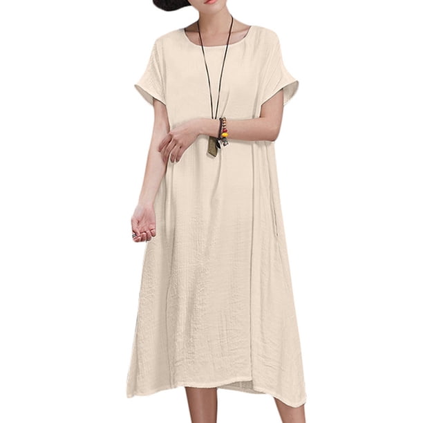 Casual Mujer Algodón Vestido largo Manga corta O-cuello Sólido Split Boho Midi Vestido Beige / CACAGOO Vestido