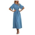 thumbnail image 5 of Drppepioner Robe d'Été pour Femme à Manches Courtes, Robe T-Shirt Décontractée 2024 Fluide de Plage à Col en V, Robes Soleil avec Poches, Mode Femme, Automne, Robe à Boutons à Manches Courtes à Col Rond, Bleu, 5 of 5