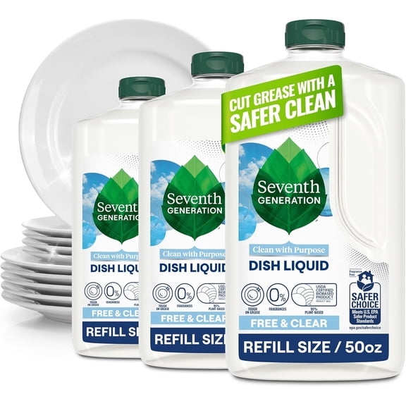 Seventh Generation Dish Soap Refill, Free & Clear, 50 fl oz, 3 Pack, Plant-Based for Grease & Tough Food Messes, For Sensitive Skin