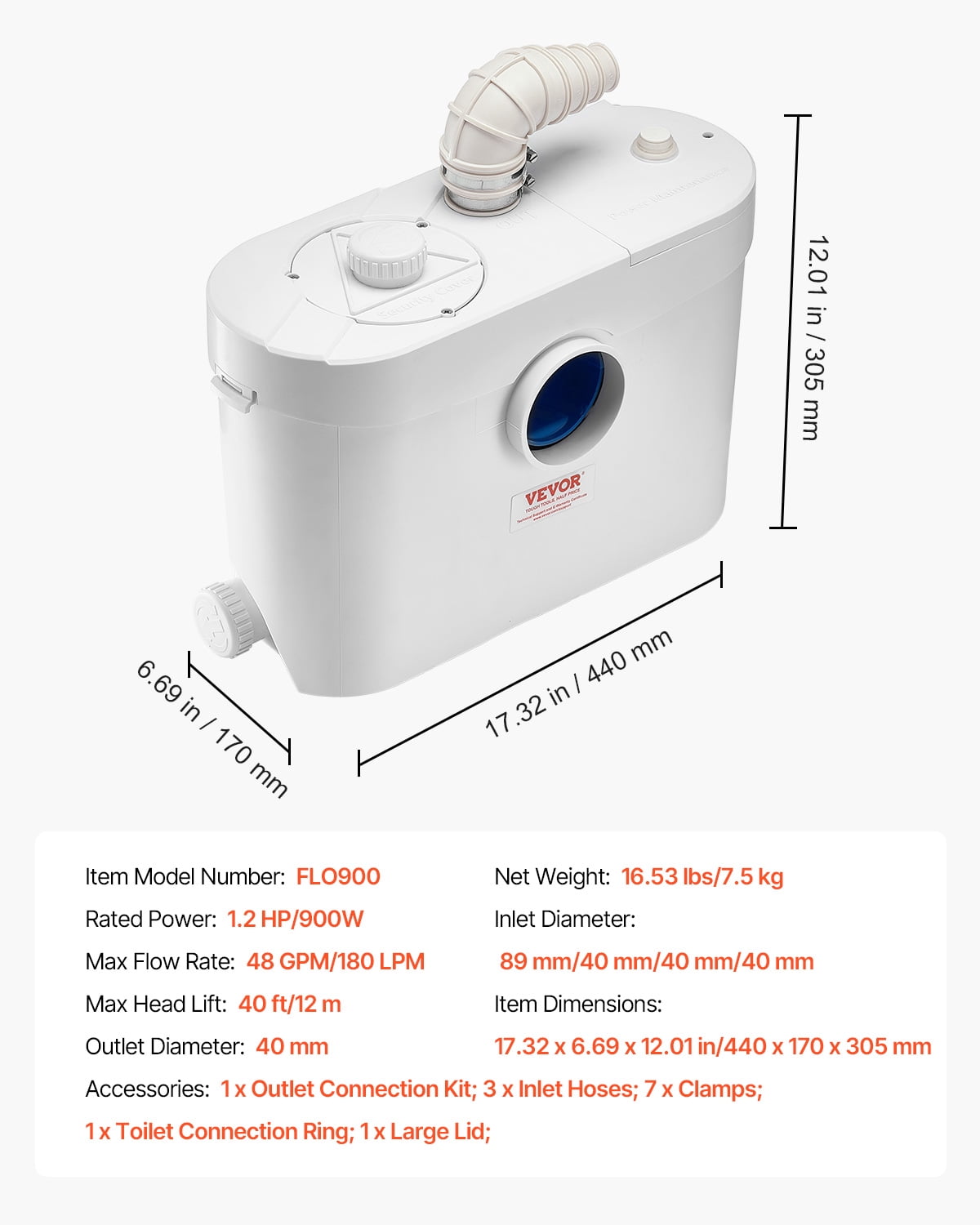 VEVOR Macerator Pump, 900W,48 GPM Flow, 40 ft/12 m Head, Macerator Sewerage Toilet Pump with 4 Water Inlets, Waste Water Disposal Upflush Machine for Toilet,Basement, Shower, Sink, Laundry, Bathtub