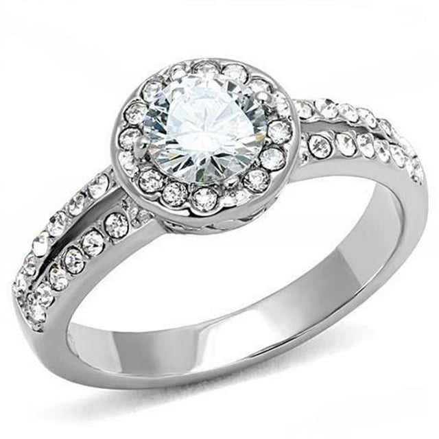 Women High Polished Stainless Steel Ring with AAA Grade CZ in Clear - Size 9
