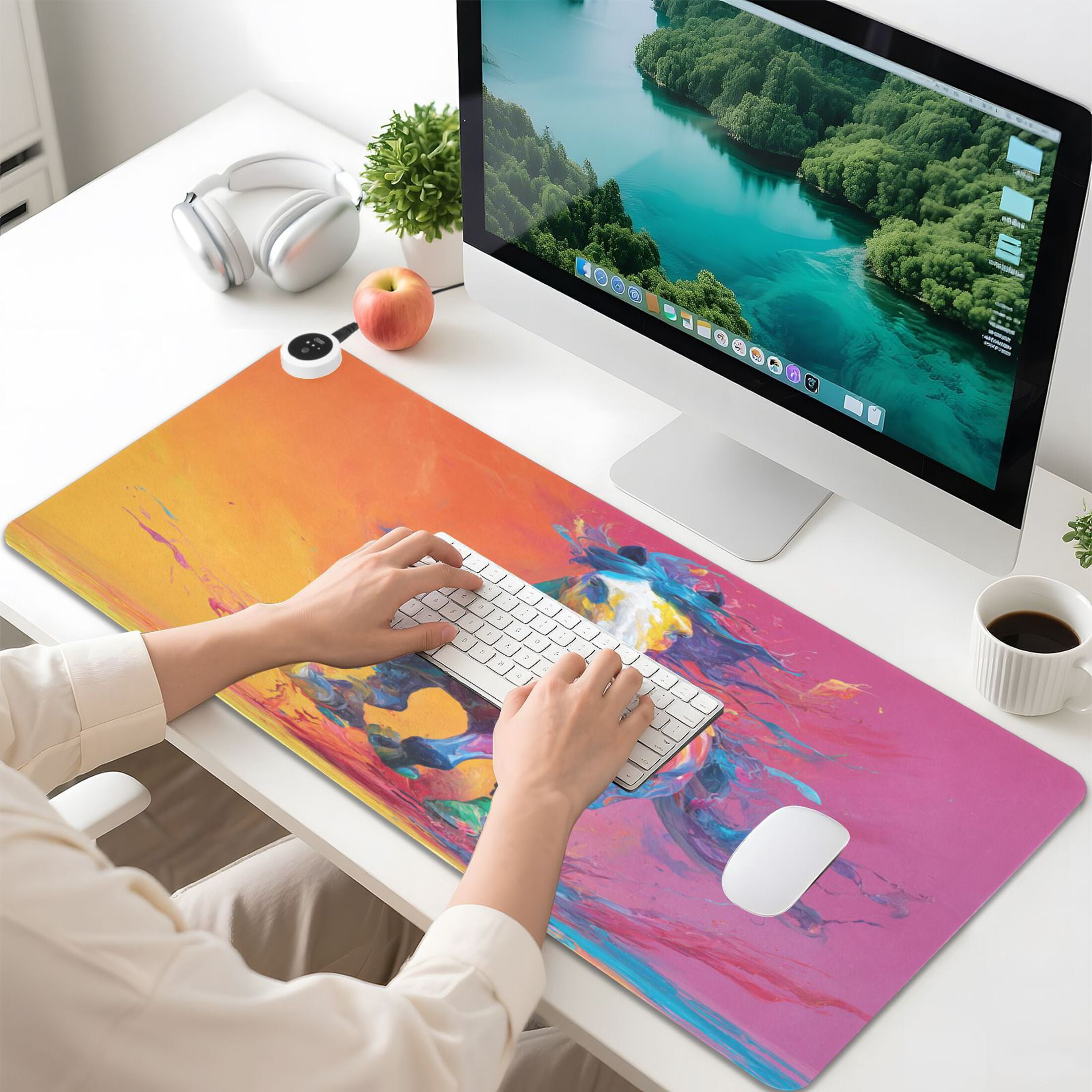Large Heated Desk Mat Mouse Pad 31.5"x13"PU Leather Graphene Heating Desk Warmer with 3 Temperature Settings 110V US Plug Non-Slip Warm Pad for Home, Office, and Gaming Dynamic Paint Drip Horse