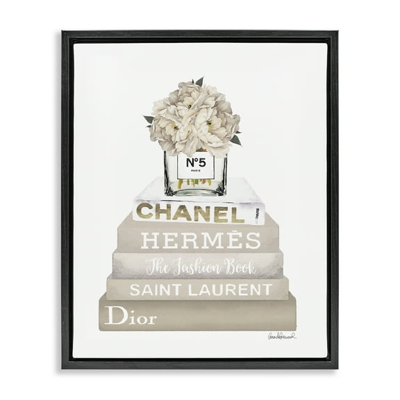 Stupell Industries Neutral Glam Bookstack Fashion Painting Black Floater Framed Canvas Art Print Wall Art, 17 x 21
