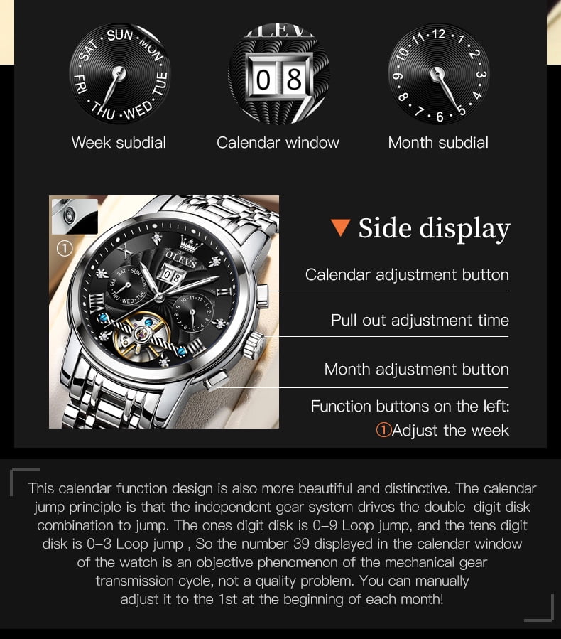 OLEVS Watch for Men Automatic Skeleton Tourbillon Mechanical Self Winding Business Luxury Dual Calendar Stainless Steel Luminous Waterproof Man Wrist Watches Black Dial