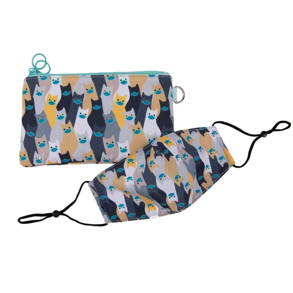 ZIPIT Face-It Kit for Kids, Pouch with Antibacterial Material + Matching Face Mask (Grey Cats)