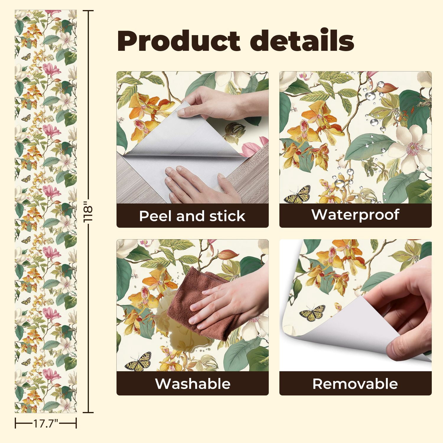 Boho Peel and Stick Wallpaper Vintage Floral Orchids Magnolias Butterflies Wall Mural 17.7in x 9.8ft Self Adhesive Removable Wall Paper Renter Friendly Wallpaper for Nursery Bedroom Cabinets